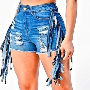 DENIM RIPPED SHORTS SIDE FRIN